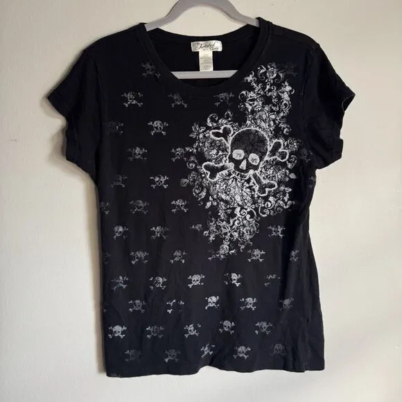 Y2K Twisted Courtesy Black White Skull T-Shirt Juniors XXL 19 y2k skull grunge - Picture 1 of 11